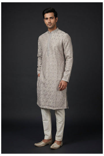 Silver Grey Embroidered Men'S Kurta