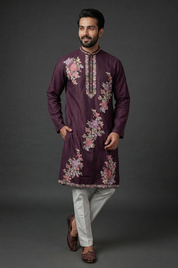 Royal Wine Floral Embroidered Men'S Kurta
