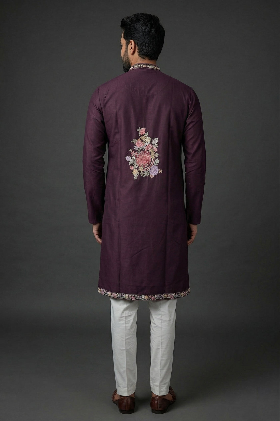 Royal Wine Floral Embroidered Men'S Kurta