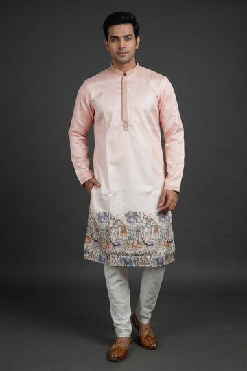 Blush Pink Heritage Print Festive Kurta For Men