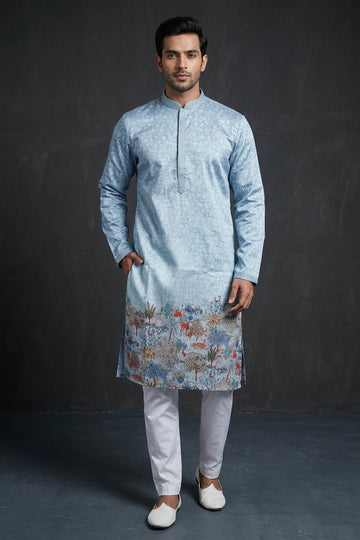 Sky Blue Printed Designer Men’S Kurta With Artistic Hem Detailing