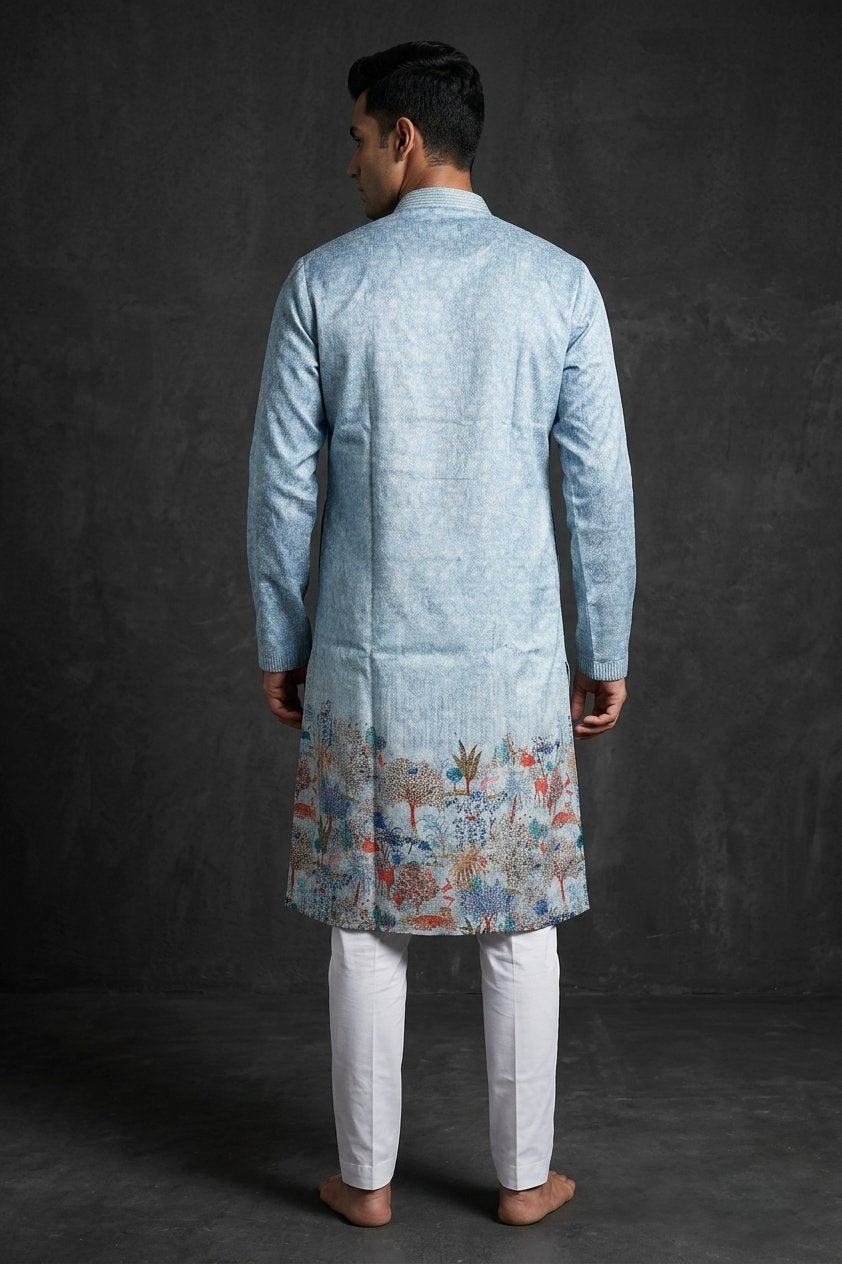 Sky Blue Printed Designer Men’S Kurta With Artistic Hem Detailing