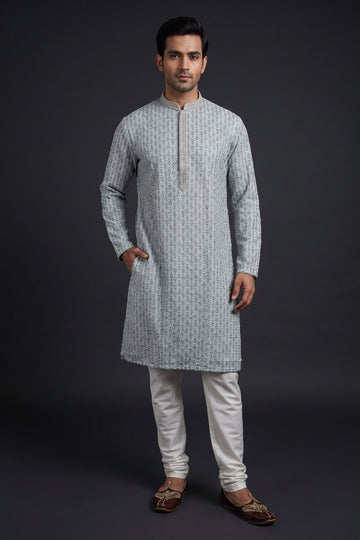 Pastel Mint Geometric Printed Kurta For Men