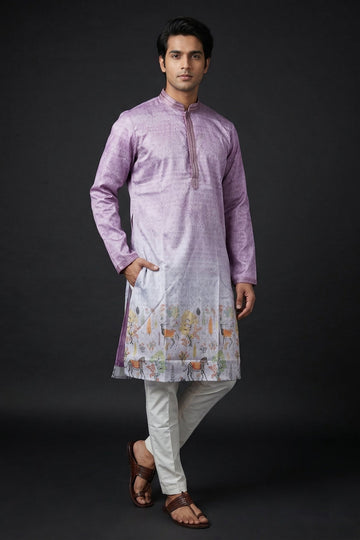 Lavender Scenic Print Designer Kurta For Men
