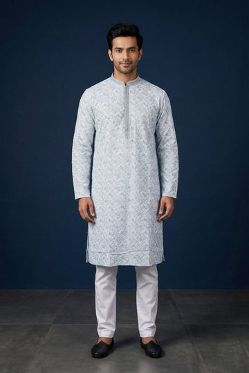 Elegant Ice Grey Textured Designer Men’S Kurta