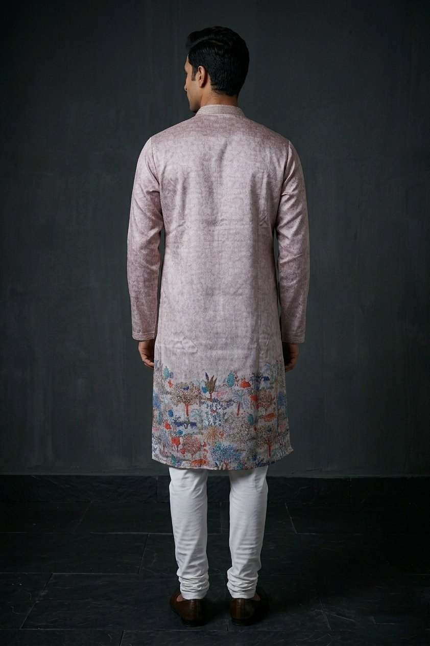 Mauve Shimmer Landscape Print Men’S Kurta
