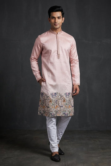 Blush Pink Heritage Print Men’S Designer Kurta