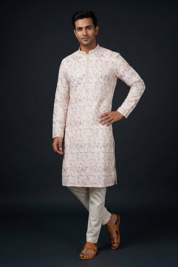 Ivory Floral Textured Designer Kurta For Men