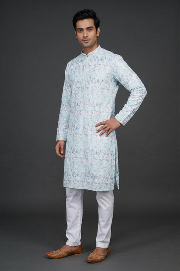Ice Blue Marble Textured Designer Kurta For Men