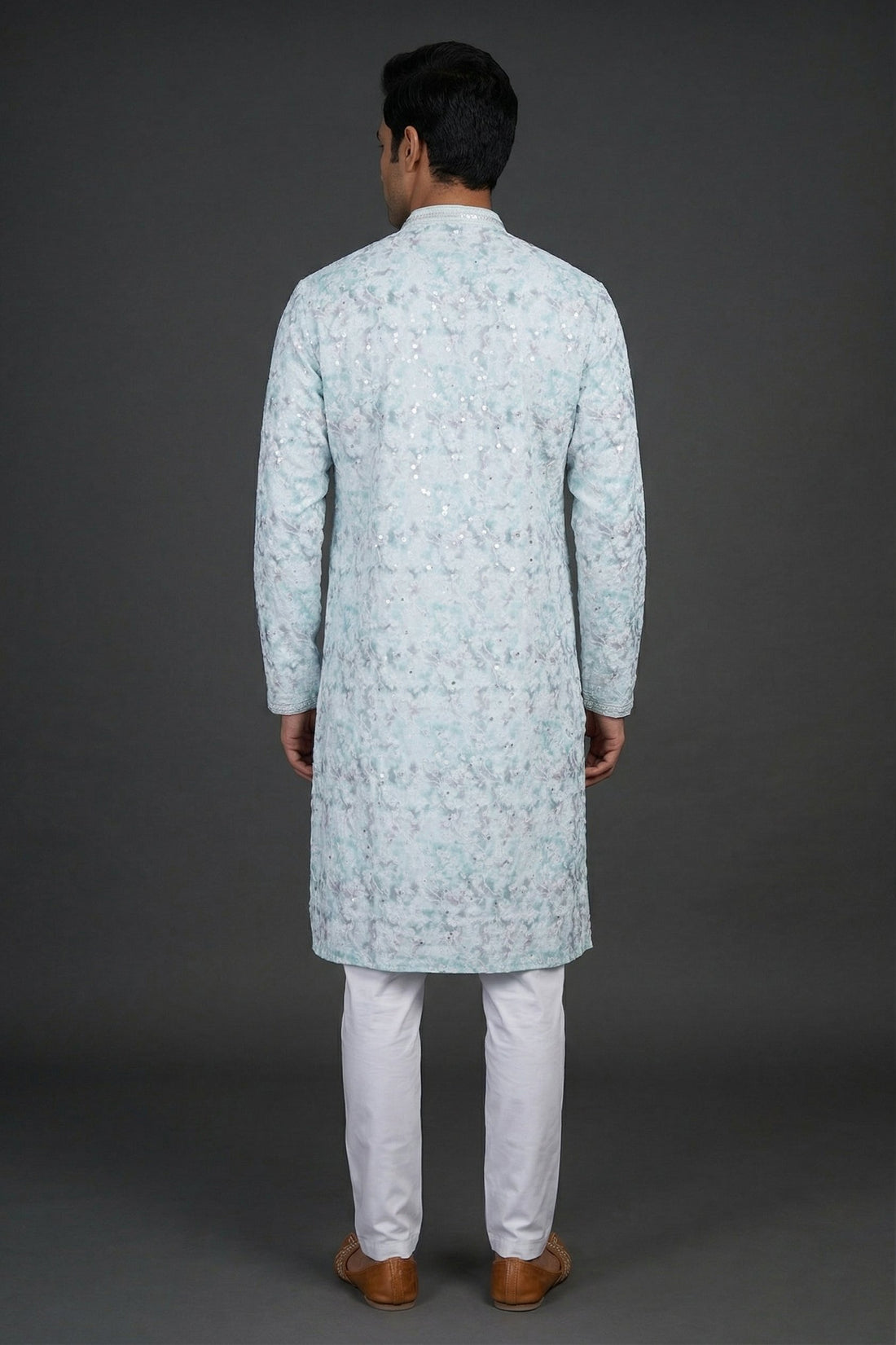 Ice Blue Marble Textured Designer Kurta For Men