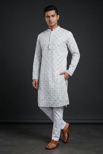 Silver Mist Printed Designer Kurta For Men