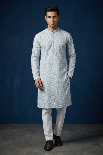Powder Blue Jacquard Pattern Designer Men’S Kurta