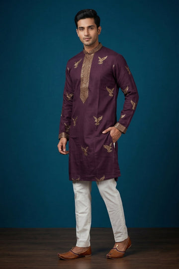 Royal Plum Embroidered Ethnic Kurta For Men