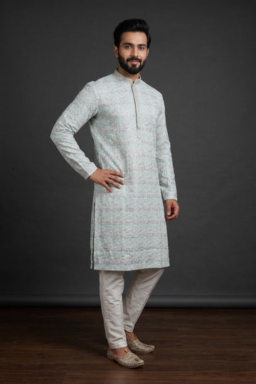 Mint Ivory Textured Festive Kurta For Men