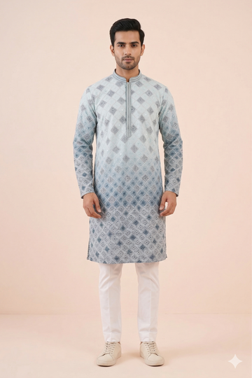 Steel Blue Ombre Geometric Designer Men’S Kurta