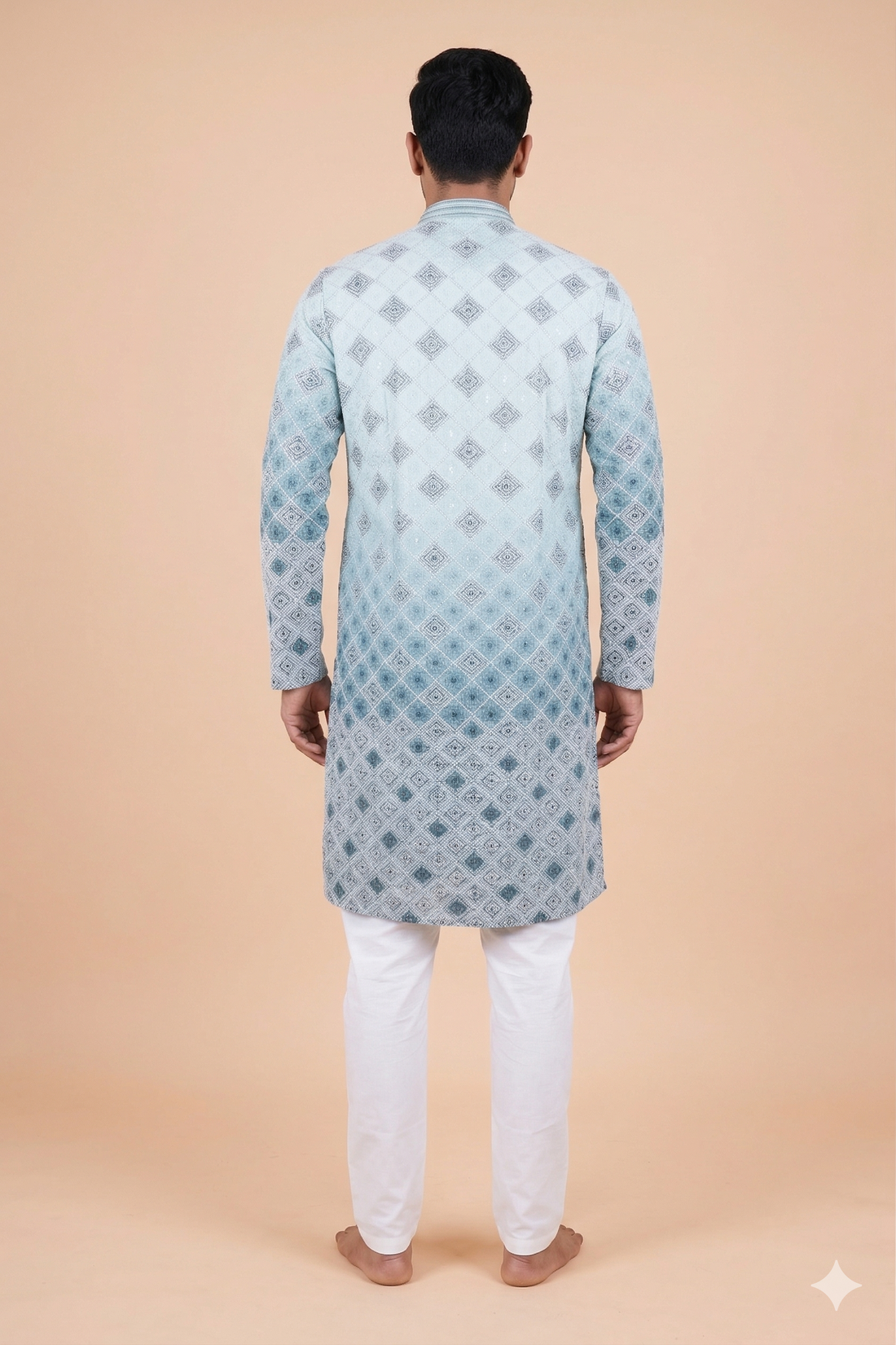 Steel Blue Ombre Geometric Designer Men’S Kurta