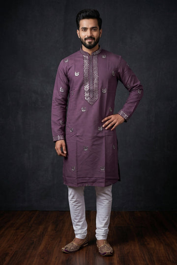 Royal Mauve Embroidered Ethnic Kurta For Men