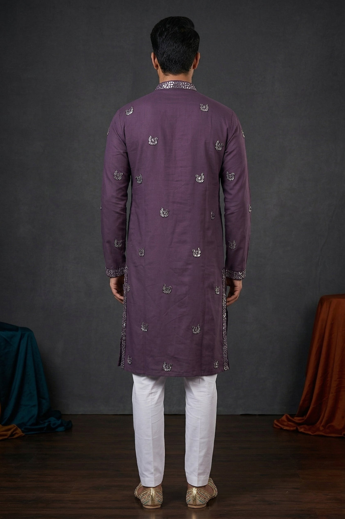 Royal Mauve Embroidered Ethnic Kurta For Men