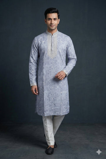 Ice Blue Embroidered Designer Men’S Kurta