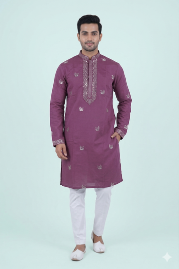 Wine Purple Embroidered Festive Men’S Kurta