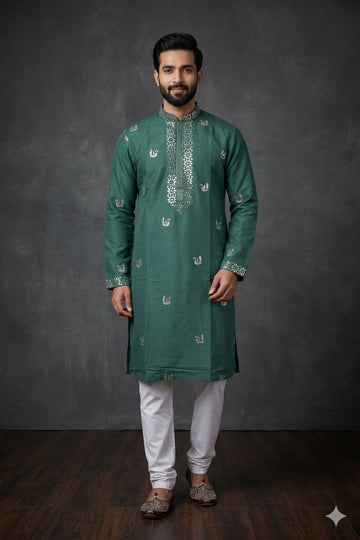 Emerald Green Embroidered Ethnic Kurta For Men