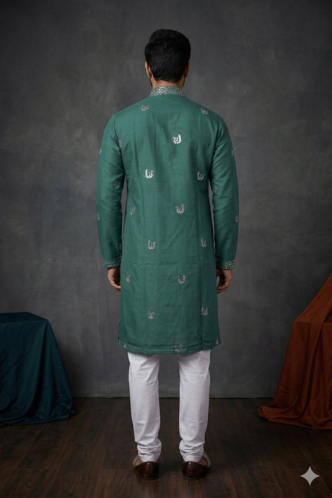 Emerald Green Embroidered Ethnic Kurta For Men