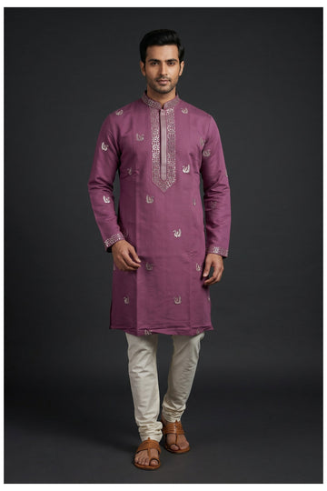 Wine Embroidered Men'S Kurta Set