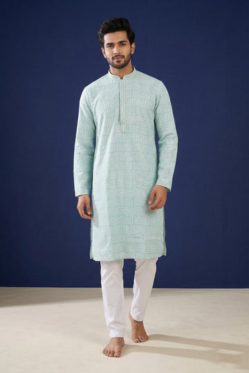 Mint Green Geometric Pattern Designer Kurta For Men