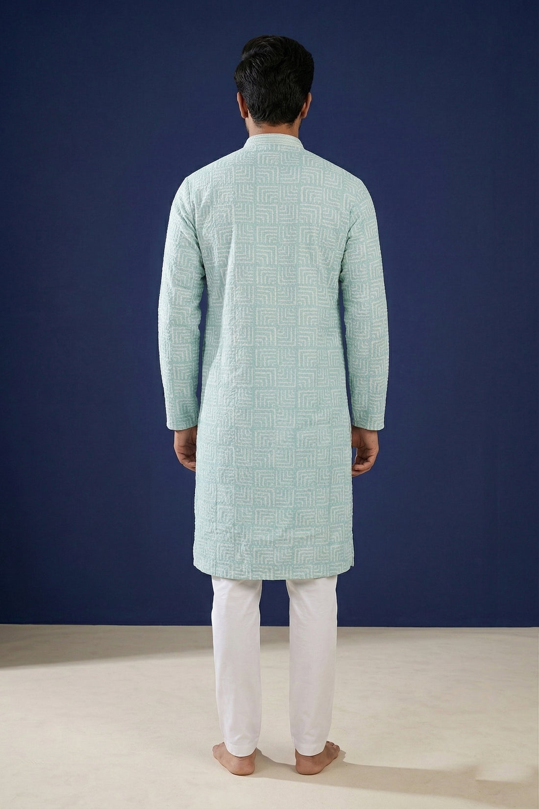 Mint Green Geometric Pattern Designer Kurta For Men