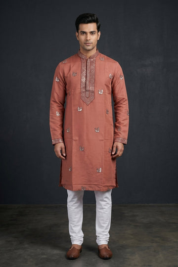Rust Orange Embroidered Festive Men’S Kurta