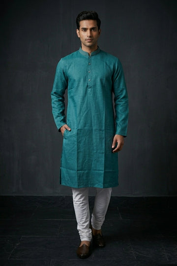 Teal Green Solid Cotton Men’S Kurta