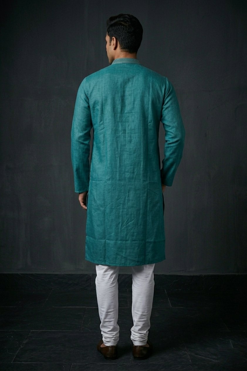 Teal Green Solid Cotton Men’S Kurta