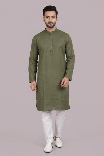 Olive Green Solid Cotton Men’S Kurta