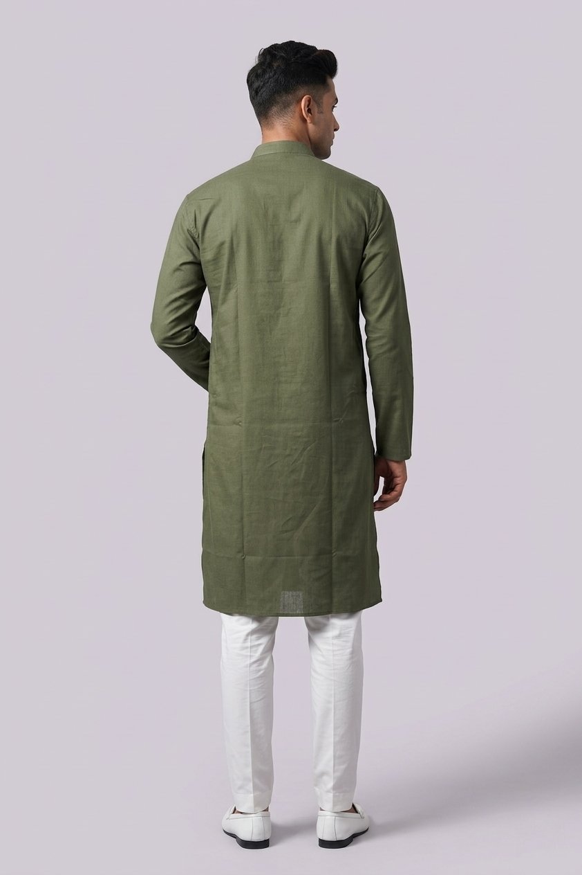 Olive Green Solid Cotton Men’S Kurta