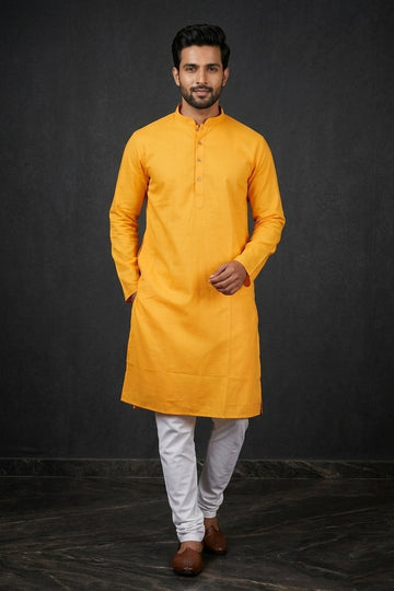 Mustard Yellow Classic Solid Cotton Men’S Kurta