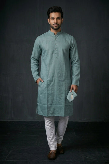 Dusty Mint Green Solid Cotton Men’S Kurta