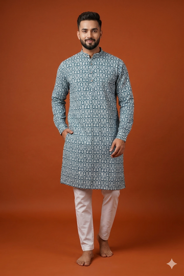 Teal Blue Floral Print Classic Men’S Kurta