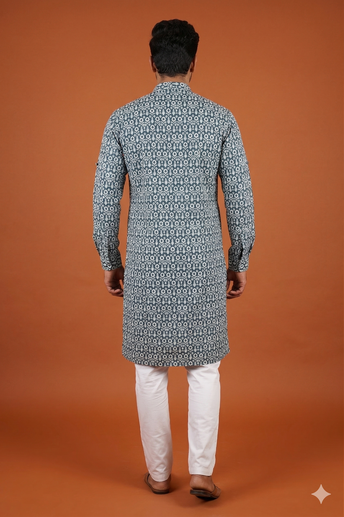Teal Blue Floral Print Classic Men’S Kurta