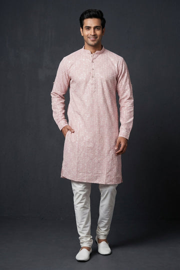 Blush Pink Textured Designer Kurta For Men