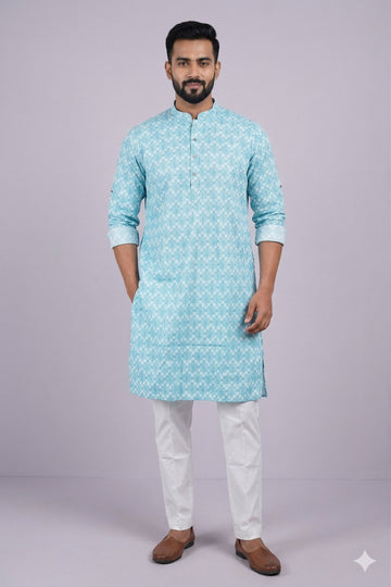 Sky Blue Printed Men’S Kurta