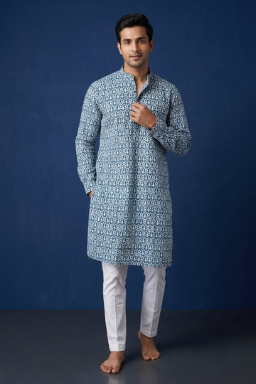 Indigo Floral Print Designer Kurta For Men