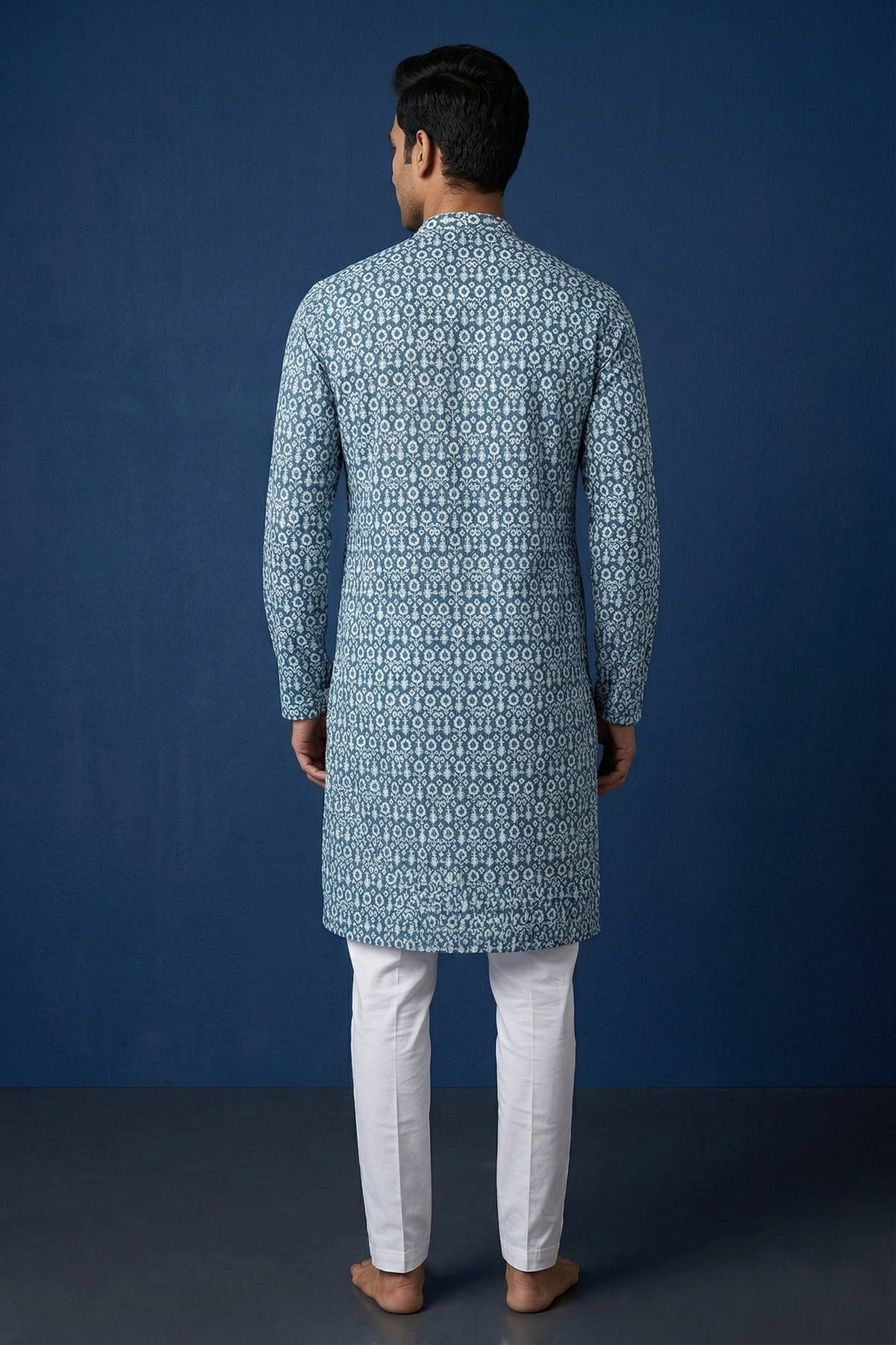 Indigo Floral Print Designer Kurta For Men