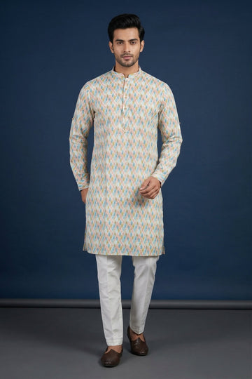 Pastel Diamond Print Ethnic Kurta For Men
