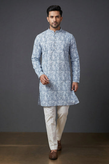 Sky Blue Floral Print Ethnic Kurta For Men