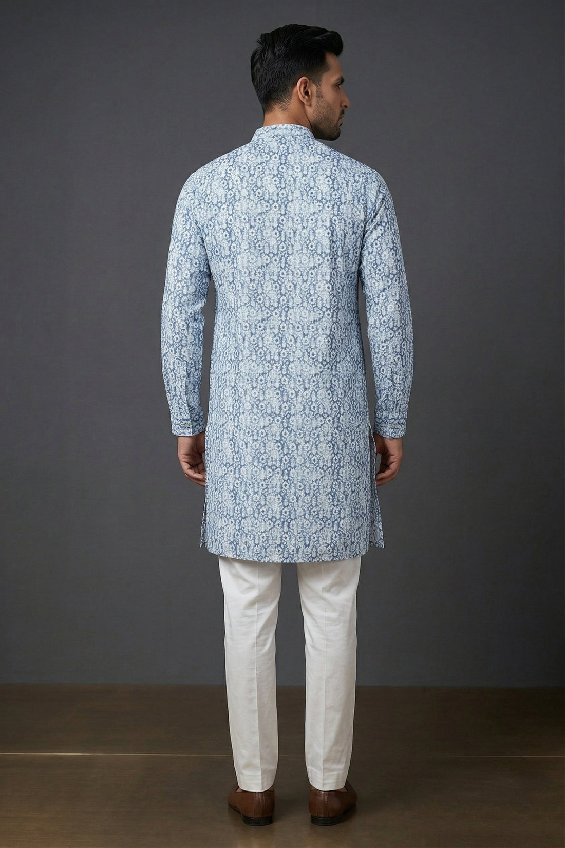 Sky Blue Floral Print Ethnic Kurta For Men