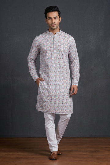 Pastel Floral Printed Cotton Men’S Kurta
