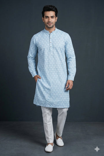 Powder Blue Printed Men’S Kurta