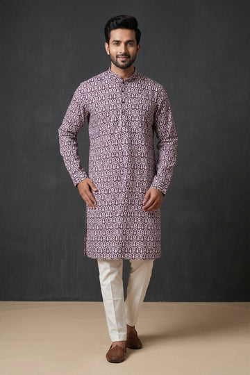 Dark Lavander Geometric Printed Men’S Kurta