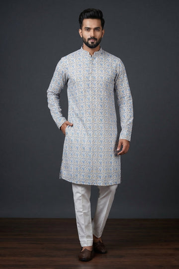 Beige & Blue Printed Ethnic Men’S Kurta