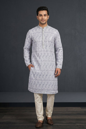 Silver Grey Textured Jacquard Men’S Kurta